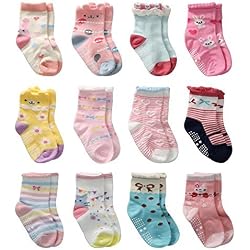 Cottock 12 Pares de Calcetines Antideslizantes para Niñas Pequeñas Algodón Lindo con Puños, Calcetines Antideslizantes para Piñas Pequeñas (12 pares, 6-12 meses)