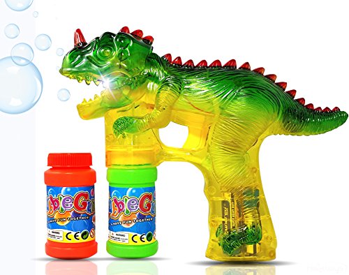 Haktoys 1900D Dinosaur Bubble Shooter Gun with LED Lights and Dinosaur Sound, 3 x AA Batteries, and Extra Bottle Refill