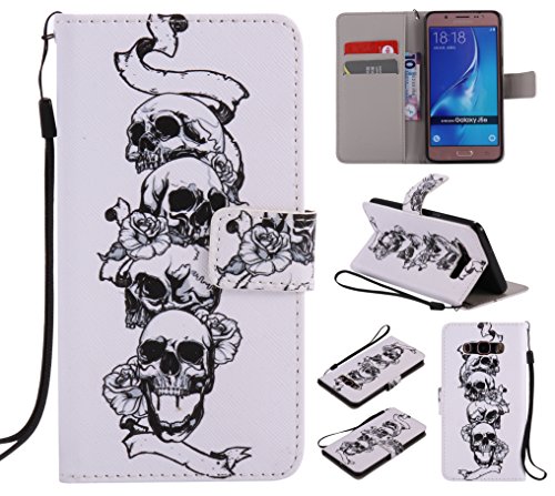 Feeltech Samsung Galaxy J510/J5 2016 Hülle PU-Leder und Brieftasche Bunte Muster Fall mit Magnetverschluss, Hybrid-Kickstand mit Stand-Funktion, schlagen Sie schützende weiche TPU Stoßstangenabdeckung und Kreditkartenhalter für Samsung Galaxy J510/J5 2016 Handgelenk Bügel-Buch-Art-Geldbeutel-Tasche mit 2 In 1 Berühren Sie Stift – Schädel - 8