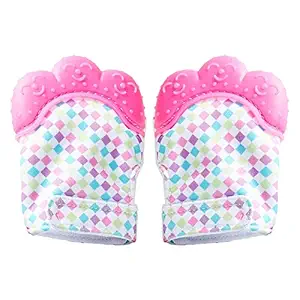 BLUE C Self-Soothing, BPA-Free Soft Food-Grade Silicone Teether Handy Mitt Toy Baby Teething Mitten Gloves for Infants Baby Boys and Girls (Pink, 3-12 Months) -1 Pair/2 Pack (Pink Checks)