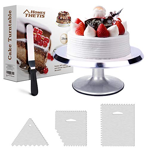 THETIS Soporte de Decoración de Pasteles Torta Giratoria Soporte de Placa Aleación de Aluminio - Cake Turntable Stand - Espátulas de Formación de Hielo con Ángulos y 3pcs Niveladores de Pastel