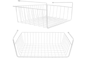 Tebery Confezione da 2 cestini portaoggetti sotto mensola da appendere, da appendere sotto l'armadietto, cestini portaoggetti a scorrimento, organizer per cucina, dispensa, scrivania, libreria, bianco