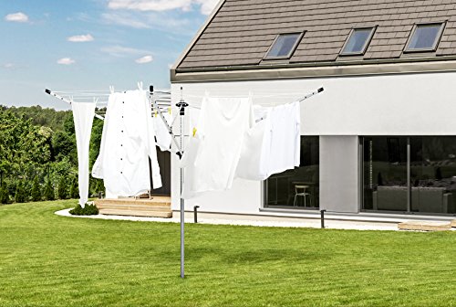 KHP Professional Premium Wäscheschirm für täglichen Gebrauch mit dicker 50m Wäscheleine! Wäschespinne einfach zu öffnen und höhenverstellbar + breiter Abstand der Leinen. Stabiler Wäscheschirm auch bei Wind mit Bodendübel zum Einbetonieren! - 6