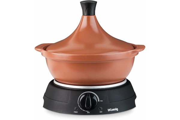 H.Koenig TAJ3 Tajine Electrique 3 L en terre cuite, Mijoteuse, Poignée, Acier Inoxydable, Tajines et Couscous, Thermostat Réglable