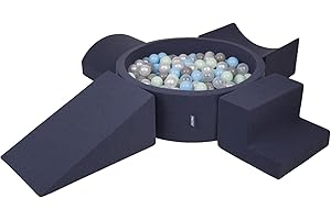 KiddyMoon Area di Gioco in Schiuma con Tondo Piscina di Palline (300 Palline) per Bambini, Blu Scuro:Perla/Grigio/Trasparente/Azzurro/Menta