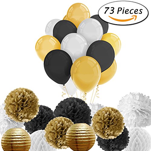 Paxcoo 73 Pcs Black and Gold Tissue Paper Pom Poms Lanterns with Balloons for Birthday Party Decorations