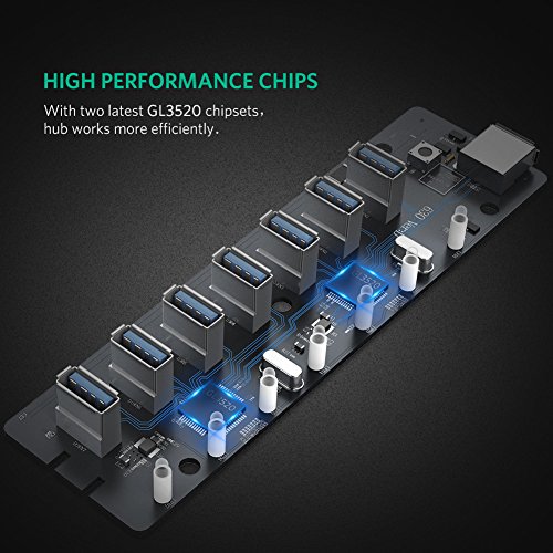 UGREEN 7 Ports USB 3.0 Hub mit 5V 2A Netzteil, USB 3.0 Kabel, Schalter und LED-Anzeigen für PC, MAC, Notebook, Ultrabook, Tablet und andere USB Geräte, Schwarz - 7