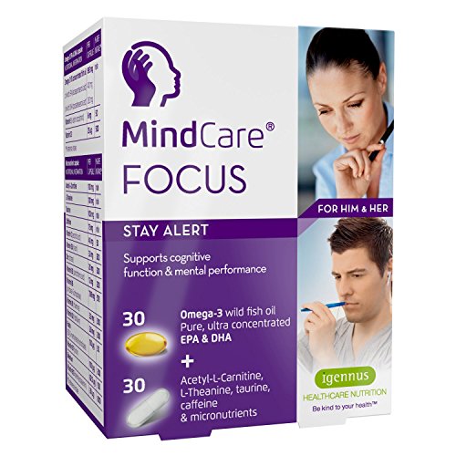 6 PACK - MindCare FOCUS Stay Alert, High Strength Omega-3 Wild fish oil, Acetyl-L-Carnitine, L-Theanine, Taurine, Caffeine &amp; Multivitamins for cognitive function &amp; mental performance, 6 x 30 omega-3 + 30 micronutrient capsules