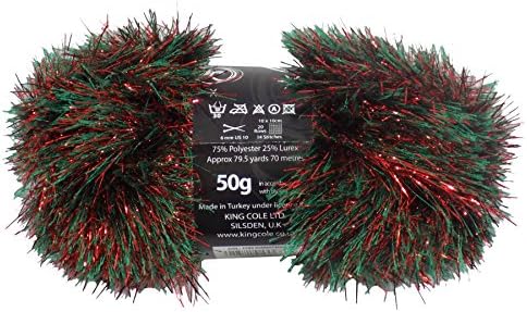 Christmas Red Green Tinsel Sparkle Eyelash Chunky 50g Wool Yarn Ball Free Scarf Pattern