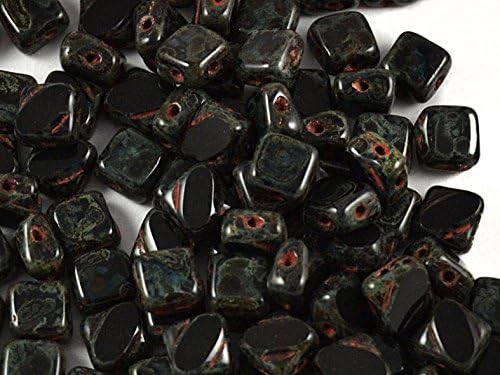 24 Pieces Silky Cut Beads - Czech Glass Pressed Beads with Two Diagonal Holes, Carved Square 6x6mm, Jet Travertine Dark