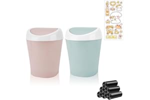 DIBALIYI 2PCS Mini Bedroom Bin with Lid, Small Desktop Trash Can with 6 Rolls Bin Liners and 1 Cartoon Sticker, Portable Plastic Bedroom Bin for Kitchen, School, Office (Blue, Pink)