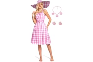 HAINNUM Barbi Ken Rosa Langes Kleid Set Cosplay Kostüm Rosa Hut Brille Ohrringe Damen Outfits Halloween Karneval Party Rollenspiel Anzug