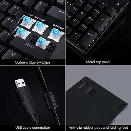 AUKEY Teclado Mec  nico LED-Backlit Teclado Gaming con Switches Blue  104 Teclas English Layout  US  con Metal Panel 100  Anti-ghosting para Jugadores y Mecan  grafos  Negro