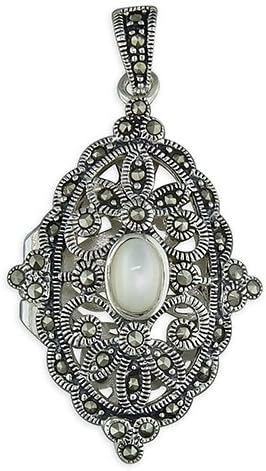 Sterling Silver Locket Fancy marcasite oval with Mother of Pearl