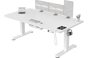 Devoko Elektryczne Biurko Stacjonarne Z Gniazdem Ładowania Typu C, 160 x 80 cm, Podnoszone Biurko, Regulowana Wysokość Z 3 Wysokościami, Organizer Kabli, Do Użytku Biurowego