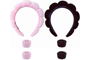 WEIDU-WD Haarreifen Spa-Stirnband zum Waschen des Gesichts Stirnband, Make-up-Stirnband Abschminken, Samtstirnband, 2 Stück Stirnbänder, 4 Stück Armbänder (schwarz rosa)