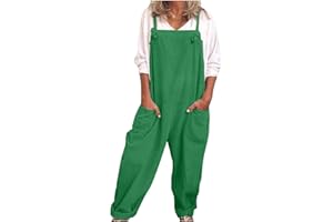 KUIH Linen Dungarees for Women UK, Casual Jumpsuit Dungarees Women'S Work Trousers Summer Overall Jumper Sleeveless Dungarees Wide Leg Large Pocket Oversize Leisure Suit One Piece for Holiday Outgoing
