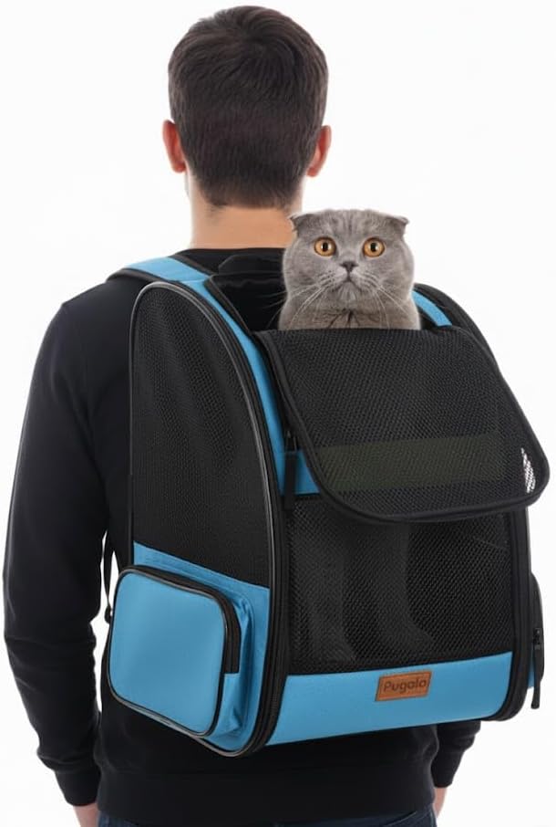 Pugalo AirMove Premium Kedi Köpek Taşıma Çantası, Silinebilir, Yırtılmaz Fileli, Bükülmez Gövde, Sırt Çantası Tipi (Mavi)