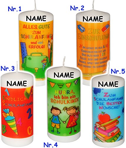 Kerzen – “ Zum Schulanfang – Ihr Wunsch – Motiv “ – 11 cm hoch – Tischkerze – Tischdeko / Schuleinführung – Schulstart – Schulkind / Schulanfänger – ABC Schütze – Deko Tisch – Kinderkerzen – Dekoration / Schultüte – Zuckertüte – Schulanfängerin – Tischkerzen – Schüler – Schüler – Mädchen & Jungen -Echtwachskerzen – Wachskerzen / Stumpenkerzen – Schulbeginn - 3