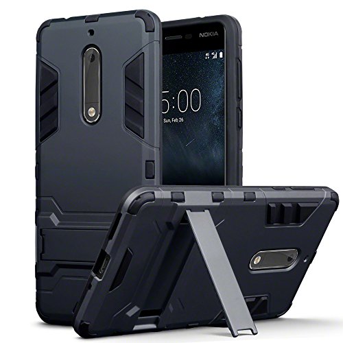 Nokia 5 Carcasa H  brida de Silicona   Polycarbonato Doble Resistencia  y soporte para mesa - Negro oscuro