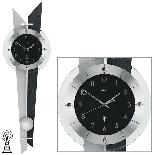 Pendeluhr AMS Wanduhr 5253 mit Pendel Funk Holzrückwand Schiefer Aluminium Mineralglas