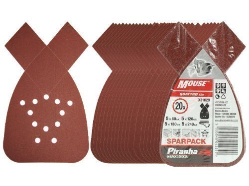 20 x Black And Decker Mouse Sandpapier für Mouse KA1000, KA150, KA150K, KA160, KA160K, KA161, KA161K, KA165GT, KA165GTK, KA168, MT3000K, Quattro 12v - KC2000FK, KC2002FK sowie Sandstorm KA250K & KA260GTK