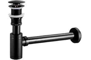 HAMON Syfon do umywalki z zestawem odpływowym, bez przelewu, uniwersalny syfon z zaworem spustowym Pop Up, syfon rurowy ze stopu cynku, zestaw odpływowy do umywalki, kolor czarny matowy