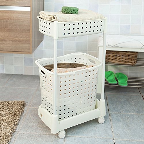 SoBuy® Wäschewagen, Badregal, Aufbewahrungswagen, Wäschesammler, Wäschebox, Wäschekorb mit 2 Körben, FRG30-W - 4