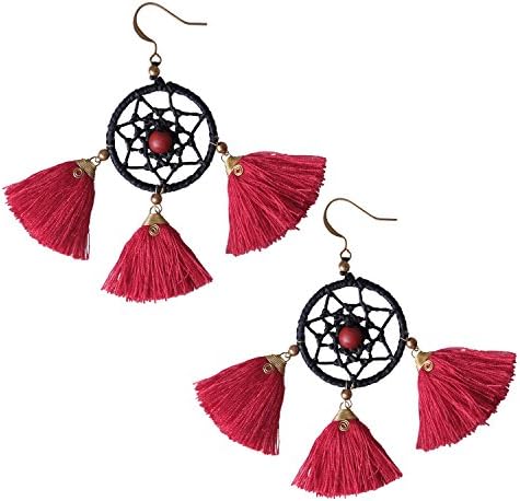 Thailand Handmade Red Tassel Dangle Statement Earrings Crochet Pierced Lace with Agate
