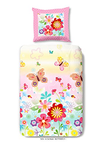 Aminata Kids – Bettwäsche 135×200 cm Kinder Mädchen Blumen Schmetterlinge Baumwolle + Reißverschluss Pink Blau Gelb Grün Blümchen Butterfly Kinderbettwäsche 2-teiliges Bettwäscheset Bettbezug Ganzjahr - 2