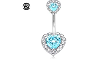 LAURITAMI Belly Button Bars Titanium Belly Bars 14G Double Heart CZ Belly Bar 12mm Silver Navel Belly Button Piercing Jewellery