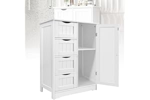 AUTOFU Freestanding Storage Cupboard Wooden Storage Cabinet White 30D x 56W x 82H cm Floor Storage Chest with 4 Drawers Single Door Adjustable Shelf, for Living Room Bathroom Bedroom Kitchen