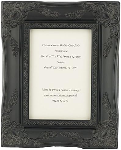Satin Black Shabby Chic Ornate Swept Vintage Picture Frame For a 7" x 5" (178mm x 127mm) Photo