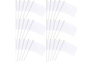 BIGTREE 100 Pack Blank White Small Flags DIY Mini White Hand Waving Flags Banners Pennant Decoration for Game Parade Sport Events, Festival Party Handheld with Plastic Stick 14 * 21cm with Gold Ball