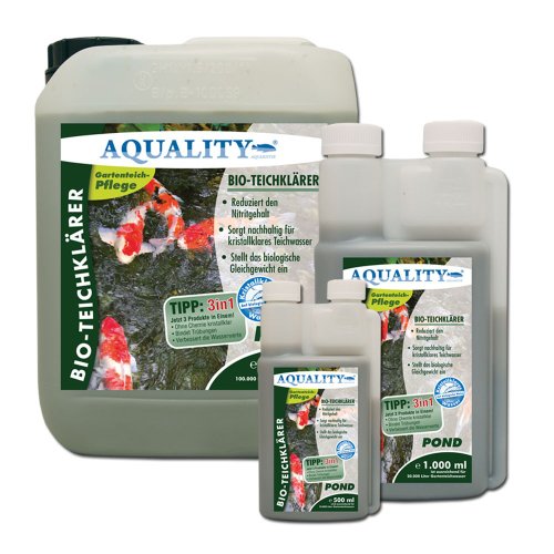 AQUALITY BIO-TeichKlärer für Ihren Gartenteich 5.000 ml (GRATIS Lieferung innerhalb Deutschlands – Sorgt deutlich besser und nachhaltig für kristallklares Teichwasser und reduziert den Nitritgehalt im Gartenteich – Entfernt Trübungen + GRATIS Klarwasser Filtervlies) - 5