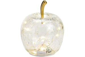 Seyila Home Dekorative Glas Apfel Leuchte mit LED Beleuchtung und Timer (unten), Crackle-Effekt Glas, Goldener Stiel, Weihnachtsdeko, Lampe (Transparent, 7 cm)