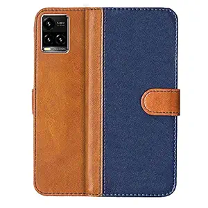 Knotyy Faux Leather Flip Case Back Cover for Vivo Y33s Foldable Stand and Inside Cards Pocket | Shockproof 360 Degree Protect | Magnetic Clutch Flip Cover (Blue and Brown)