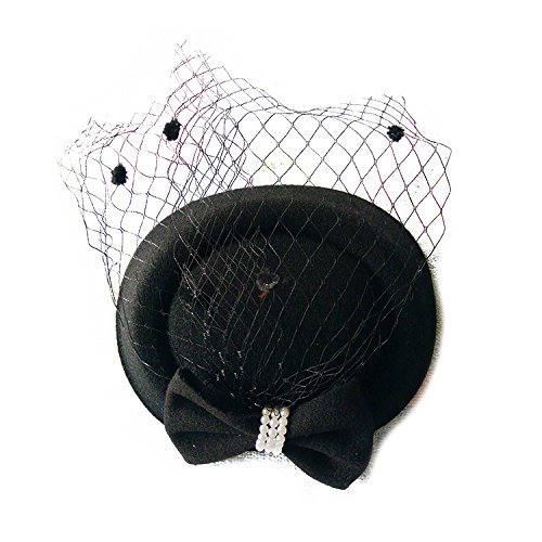 TOOGOO(R) Women's Fascinators Hat Pillbox Hat Cocktail Party Hat with Dot Bowknot Hair Clip Black