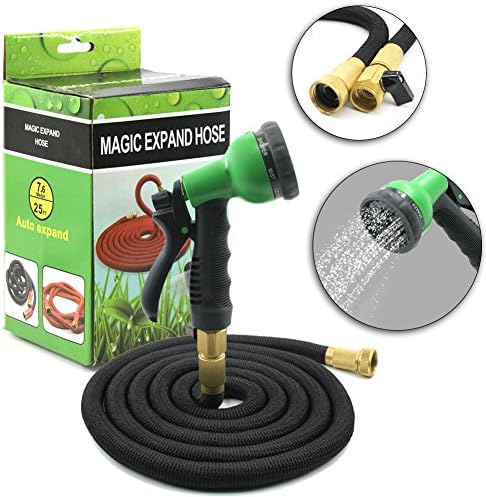Expandable Garden Hose 75 Feet with 8 Patterns Spray Nozzle Flexible Watering Hose,Solid Brass Ends,Extra Strength Fabric Protection (75 Feet)