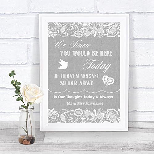 Grey Burlap & Lace Effect Loved Ones in Heaven Personalised Wedding Sign Print