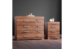 DRP Trading Walnut Effect 2 Piece Bedroom Furniture Set, 3 Drawers Chest, 4+4 Drawers Chest, Ample Storage, Elegant Décor, Ideal for Bedroom Organisation, Quality Bedroom Set