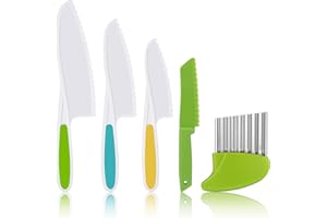 AKlamater 5PCS Kitchen Safety Knives for Kids, Children's Cooking Knives in 4 Sizes, Plastic Cutting Board Grip Serrated Edges for Vegetables Fruits Salad Cake(Green)