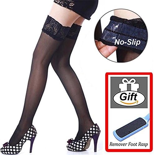 Sheer Lace Thigh High Stockings Silicone Hold Up Nylon Pantyhose Women's Lace Thigh High Silk Stockings (Black)