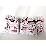 Adventskalender handbedruckt mit Motivstempeln ,weiß rot 24 Säckchen