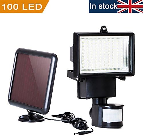Motion Sensor Flood Light, URPIRE 100 LED Waterproof Outdoor Solar Powered PIR Security Light for Garden Patio Yard Wall Fence Garage - Adjustable Time, 3 Smart Modes, Solar Panel with Extend Cable