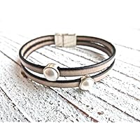 Lederarmband vison mit Zamak Perlen und Magnetverschluss, Geschenk