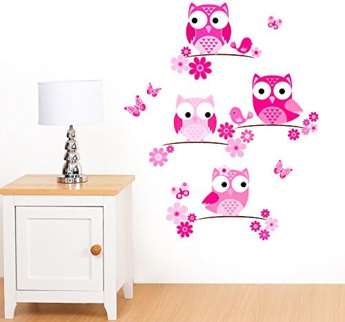 Owls on Tree Branch with Flowers, Birds & Butterflies Pink - Girls Peel & Stick Printed Wall Art Vinyl Stickers - Designed by Rubybloom Designs