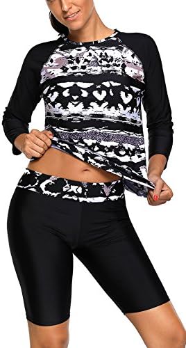 Charmley Women's Tankini Monochrome Abstract Print 2pcs Long Sleeve Wetsuit Slimming Sporty Swimwear