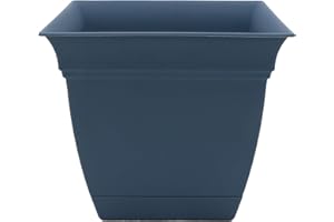 The HC Companies 8 Inch Eclipse Square Planter with Saucer - Indoor Outdoor Plant Pot for Flowers, Vegetables, and Herbs, Slate Blue