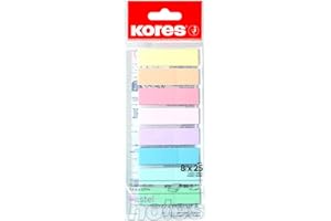 Kores - Pastel Sticky Labels on Ruler - Film Index Tabs, Self-Adhesive Page Markers and Book Tabs - Back to School and Office Supplies - 12 x 45 mm - Set of 8 Assorted Colours x 25 Sheets